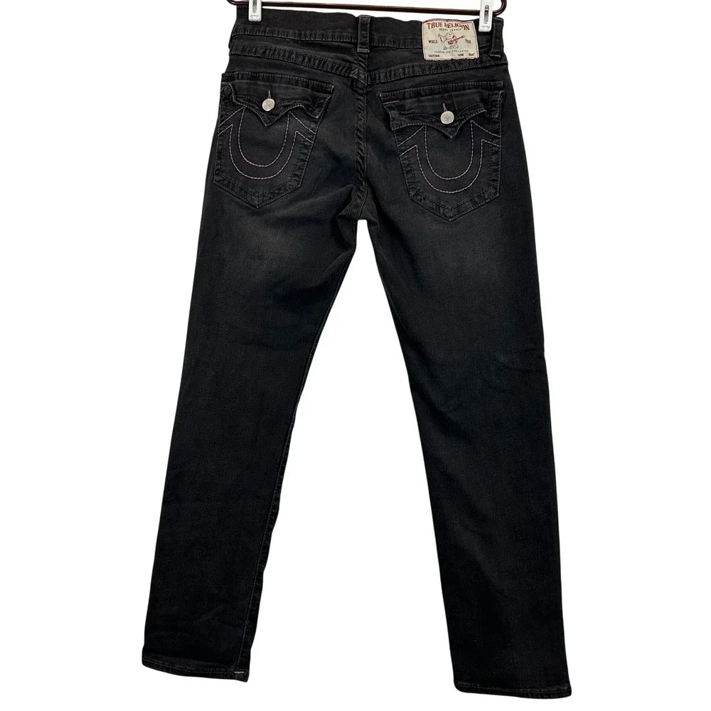 True Religion Geno Relaxed Slim Black Purple Horseshoe Stitch Jeans Mens 32
